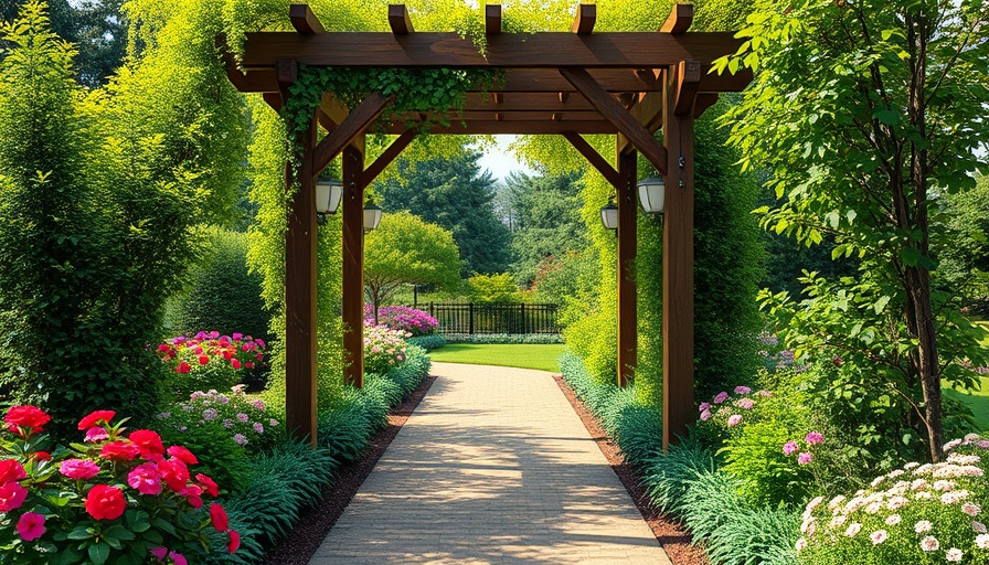 Charming town garden design with pergola and lush foliage.