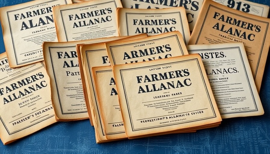 Vintage Farmer's Almanacs collection highlighting various years on a blue surface.