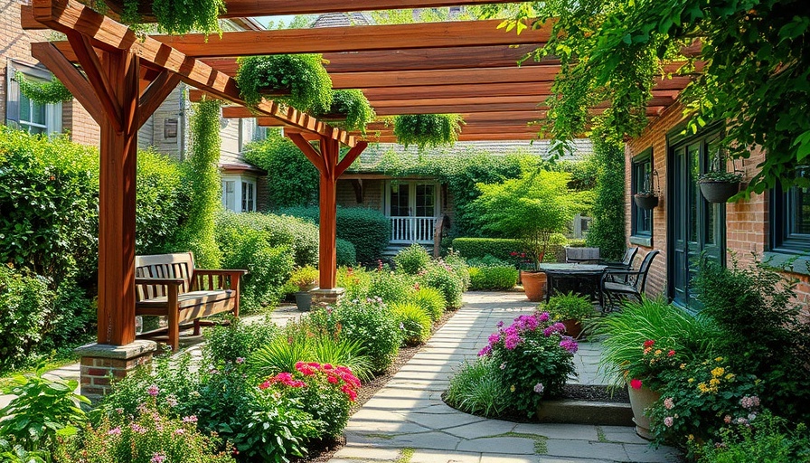 Charming town garden design with lush plants and wooden pergola.