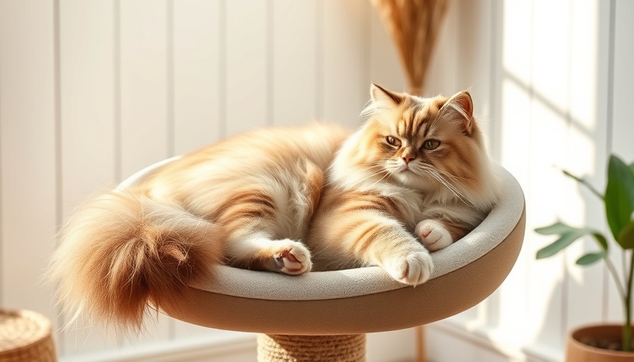 Fluffy Himalayan cat in Ergo Purrch for Working From Home, cozy modern scene.