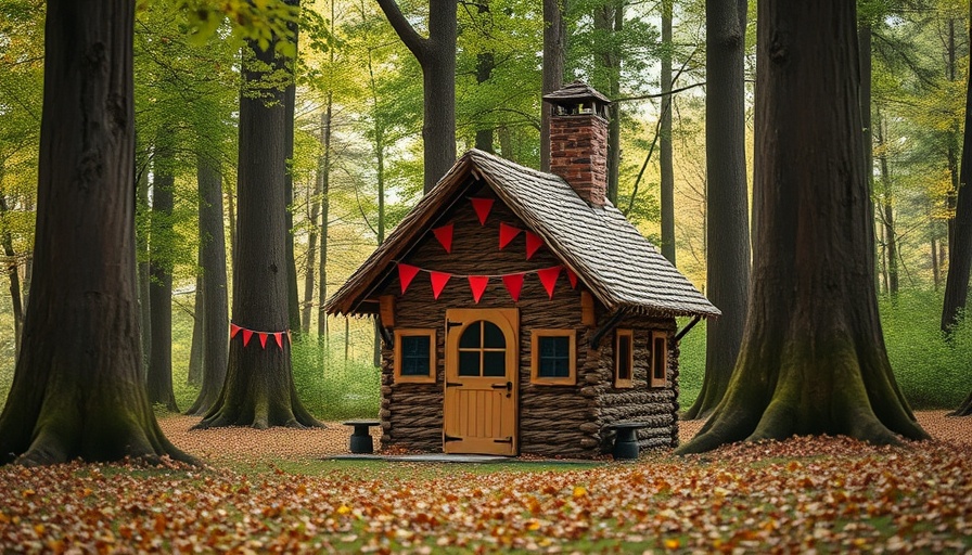 Charming twig playhouse for kids in forest with red flags.