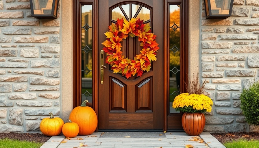 Prepare for Fall Home Maintenance: Autumn-themed front door with wreath and pumpkins.