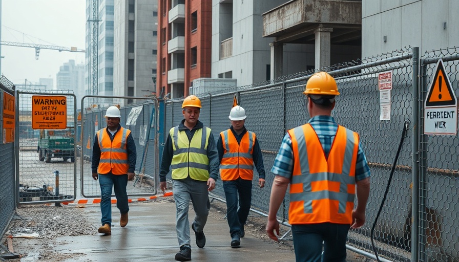 Construction workers in a fenced area highlighting construction spending decline.