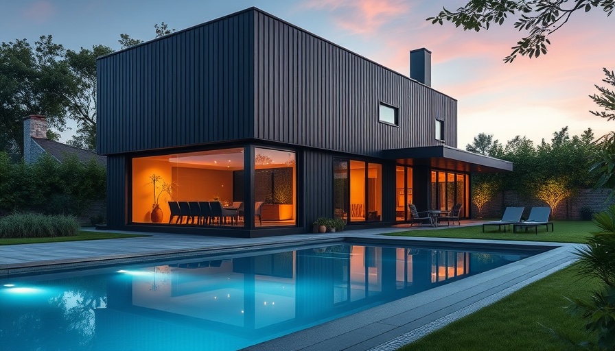 Modern house with rainscreen siding beside pool and garden.