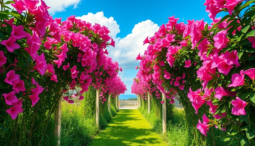 Paris inspired garden with pink flowers and floral arches under a blue sky.