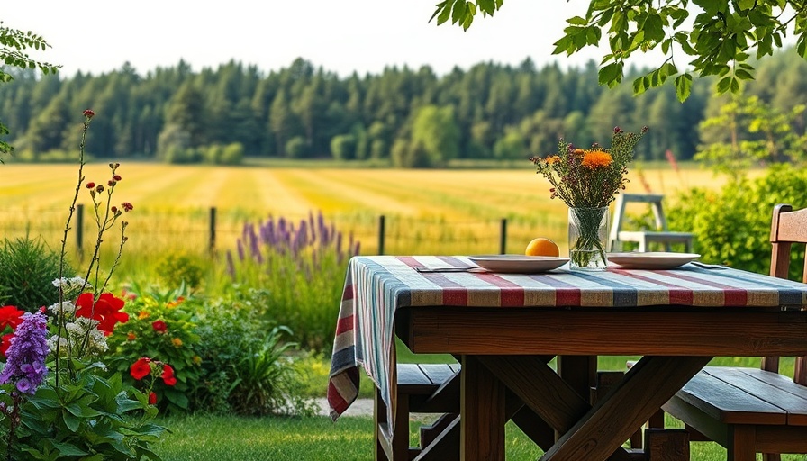 Tranquil garden landscape at Bird Haven Farm with dining table.
