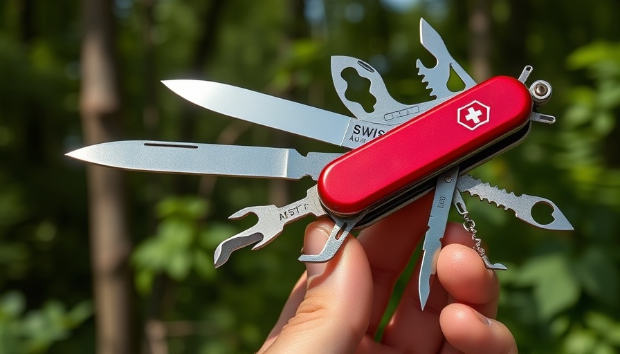 Swiss Army Knife in hand with tools extended, forest background.