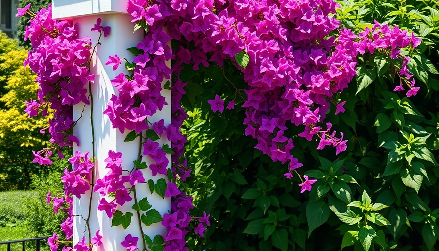 Vibrant purple flowering vines on garden pillar
