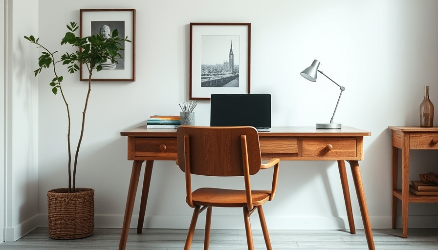 Minimalist workspace with vintage desk and chair, bright room.