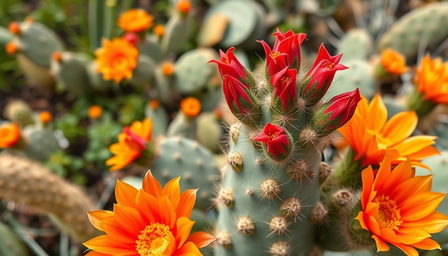Vibrant prickly pear cacti with orange flowers in a garden.