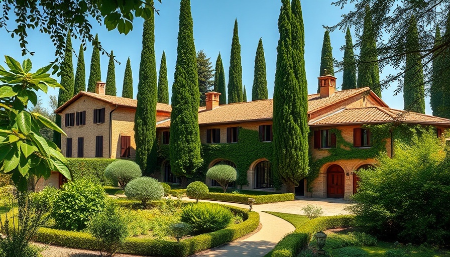 Tuscan villa with lush garden and cypress trees