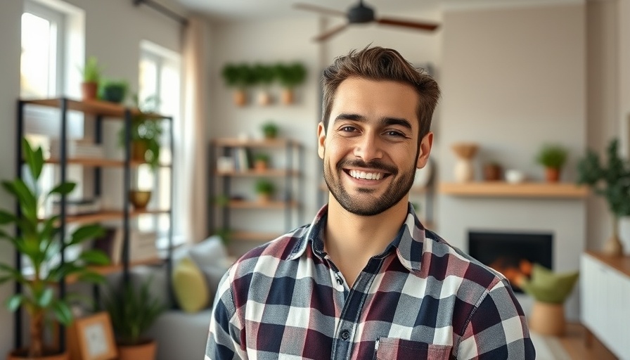 Smiling man with home renovation concepts in background, offering investment advice.