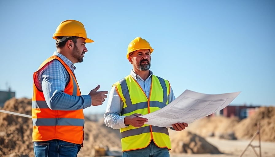 Construction workers discussing plans on-site, highlighting flexible fleet model construction.