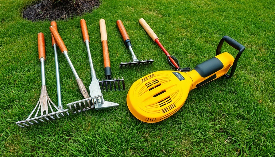 Assorted best dethatching rakes and electric dethatcher on a lawn