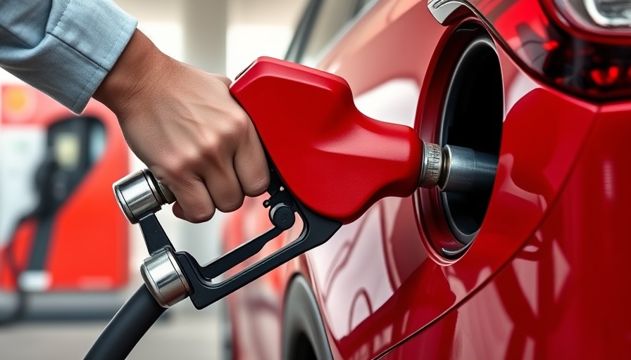 Fueling a red car with gas rewards benefits, close-up.