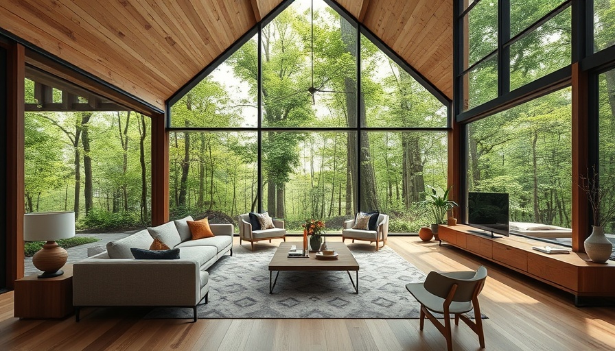 Modern forest retreat interior with open glass walls and sleek design.