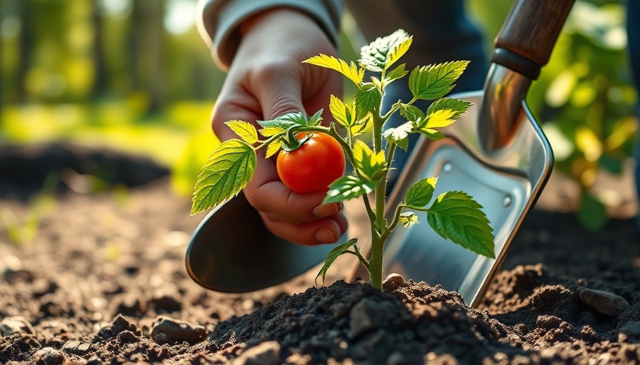 Hands planting tomato plant in sunlit garden with trowel.