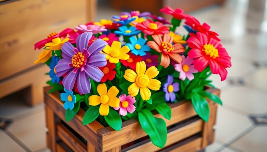 LEGO sets as home decor with vibrant flower display.