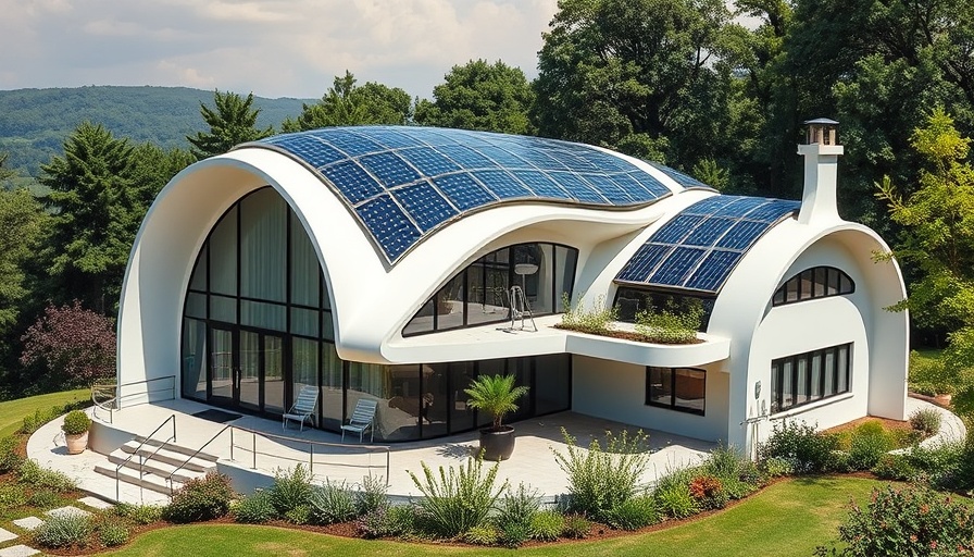 Innovative solar-roofed home with stylish design surrounded by nature.