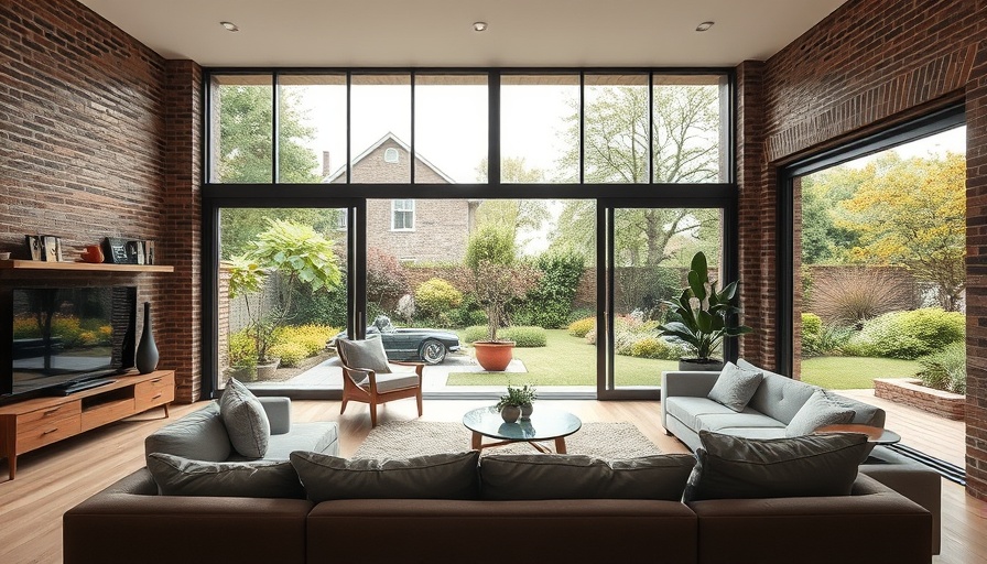 Modern living room with Outside-In Design, open glass doors to garden.