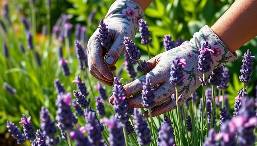 Gardening lavender with floral gloves, easy plant to grow