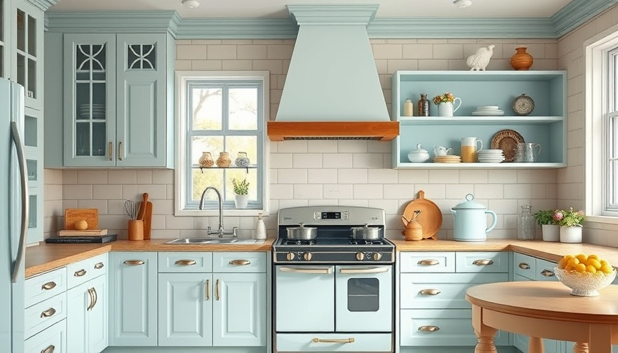 Charming vintage kitchen with pastel blue cabinets and modern decor.