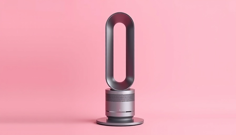 Sleek Dyson space heater with remote on pink background.