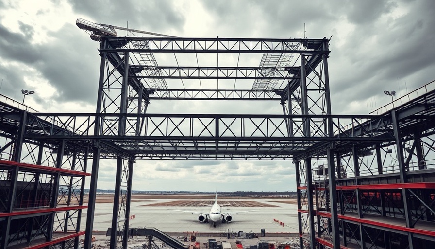 Steel framework in construction at airport rooftop, showcasing specialty contracting firm growth.