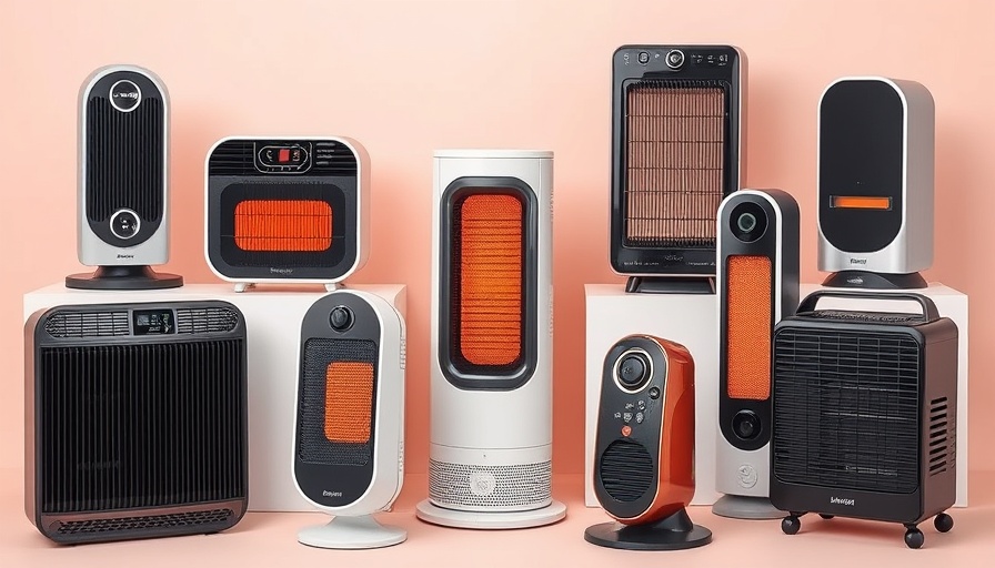 Contemporary space heaters in varied designs on a pastel backdrop.