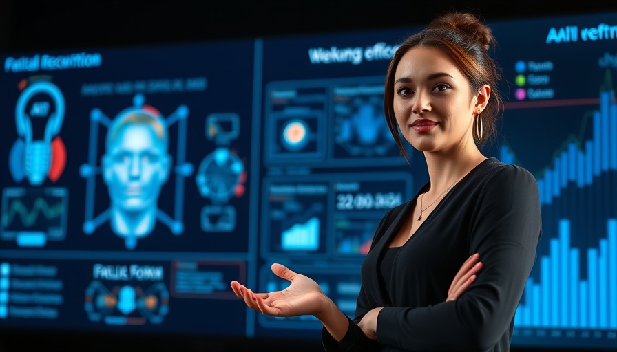 Confident female speaker discussing AI at a tech conference.