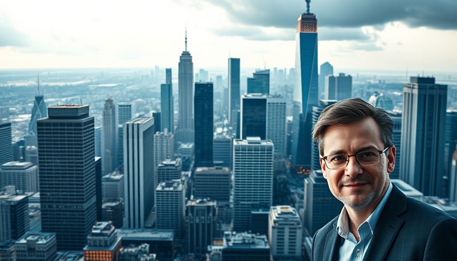 Entrepreneurship journey after layoffs, digital ad with city skyline