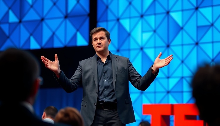 Confident speaker presenting on AI models and creativity at TED Talk.