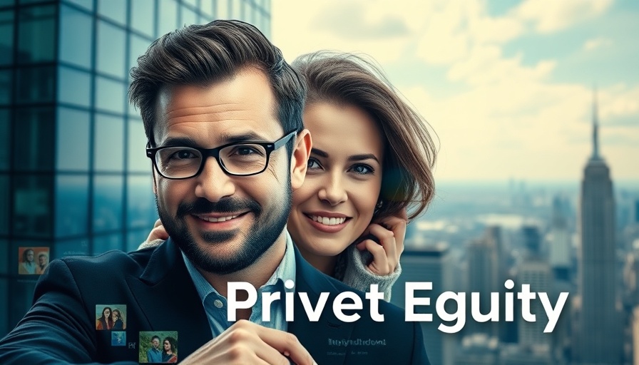 Modern banner on private equity marketing strategies with two individuals.