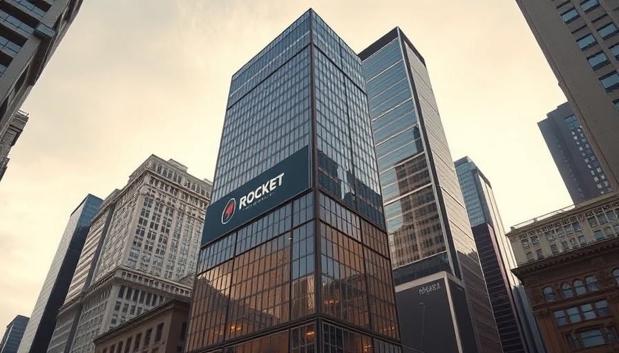 Rocket Companies banner on skyscraper in Wall Street area, CFPB dropped lawsuits context.