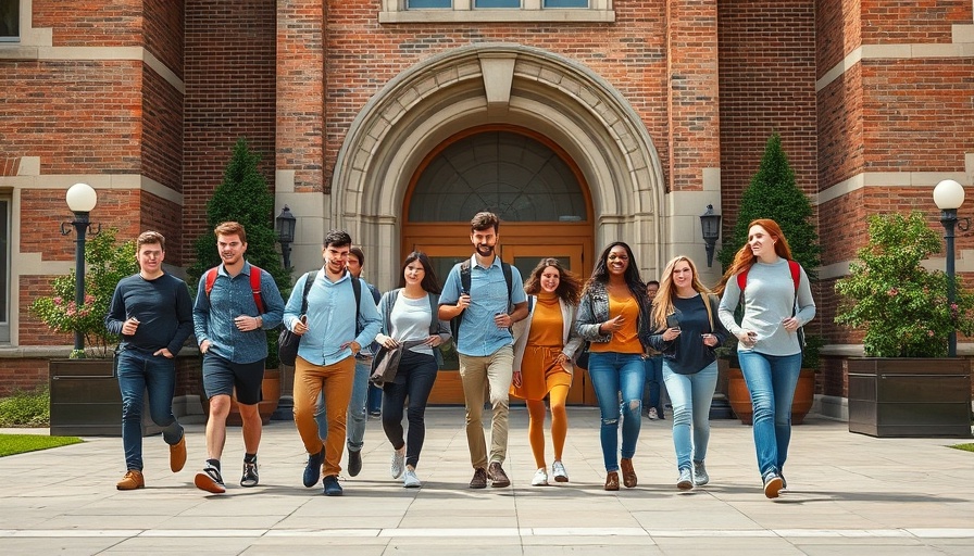 Students walking towards a university building.