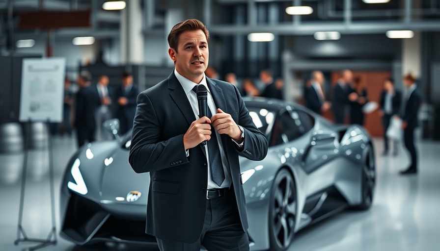 Businessman presenting near a car in an industrial setting.