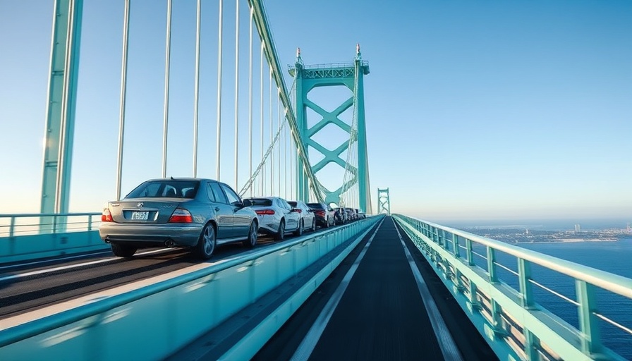 Cars on a transporter crossing a bridge representing tariff-exposed stocks.