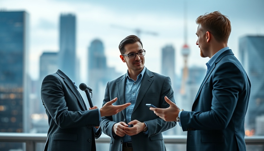 Toronto business development discussion with city backdrop, modern digital design.