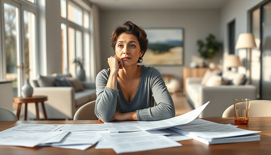 Contemplative woman facing homeownership challenges, at table with papers.