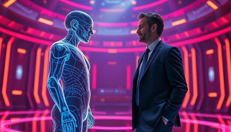 AI hologram figures representing AI job cuts on futuristic stage.