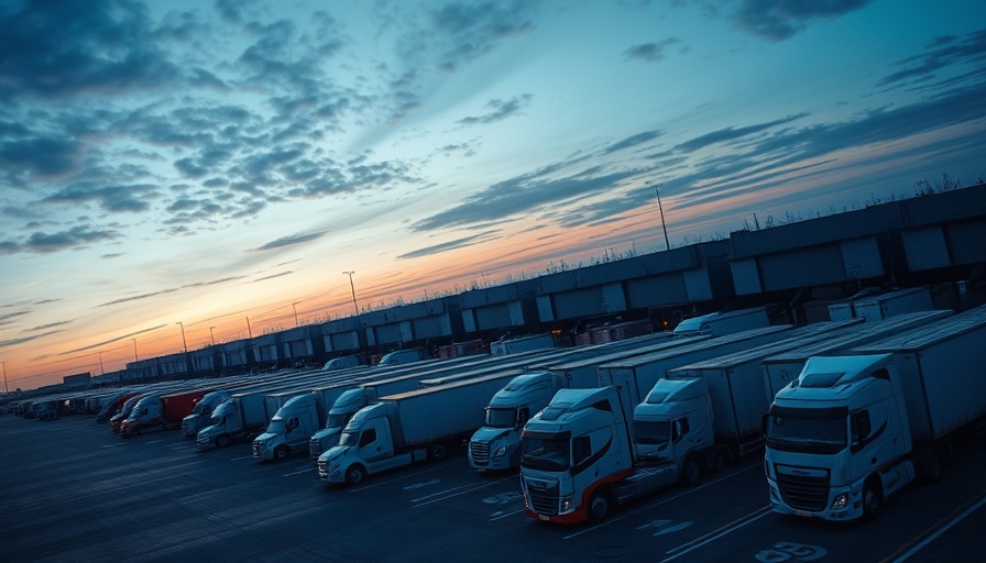 Trucks parked in an industrial lot, illustrating tariff effects on trucking rates.