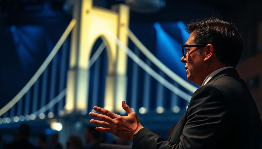 Speaker discussing how light and code can transform a city with bridge image.