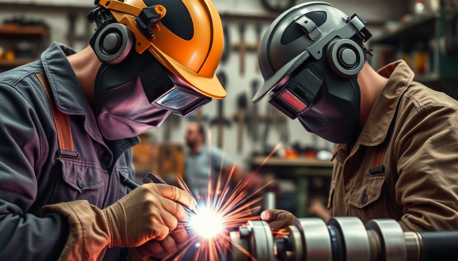 Trump tariffs impact on economy illustrated by industrial workers welding metal.