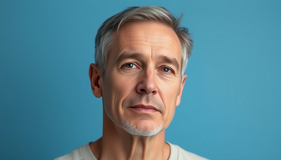Middle-aged man in a gray sweater, calm expression, blue background.