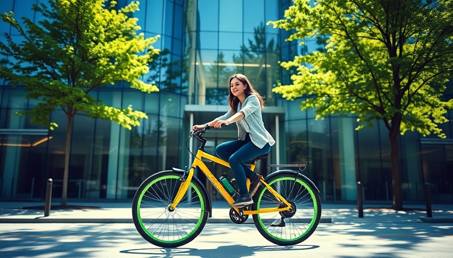 Woman cycling outside office building amid greenery