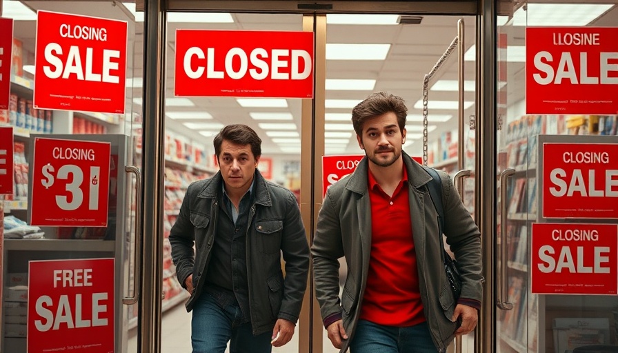 Store closing sale with people leaving, showing impact of stock market fluctuations on economy.