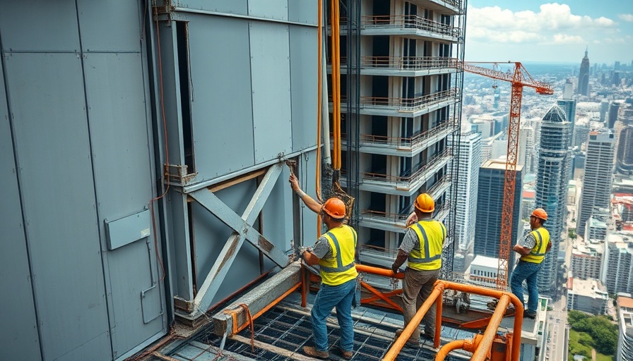 Construction site workers removing cladding before deadline.