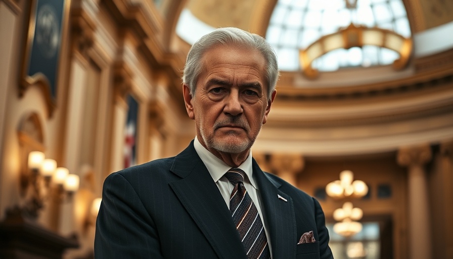 Distinguished man in a suit, serious expression, in a formal setting.