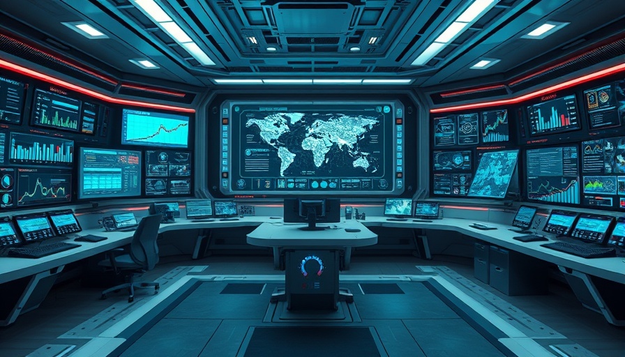Futuristic control room with holographic display and vibrant screens.