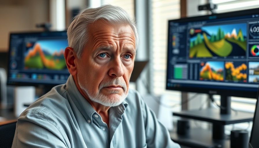 Concerned man in office discussing AI job cuts with computer screens.